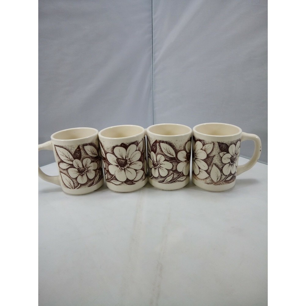 USA Vintage Coffee Cups Mugs Cream Brown Floral Print Pattern set of 4